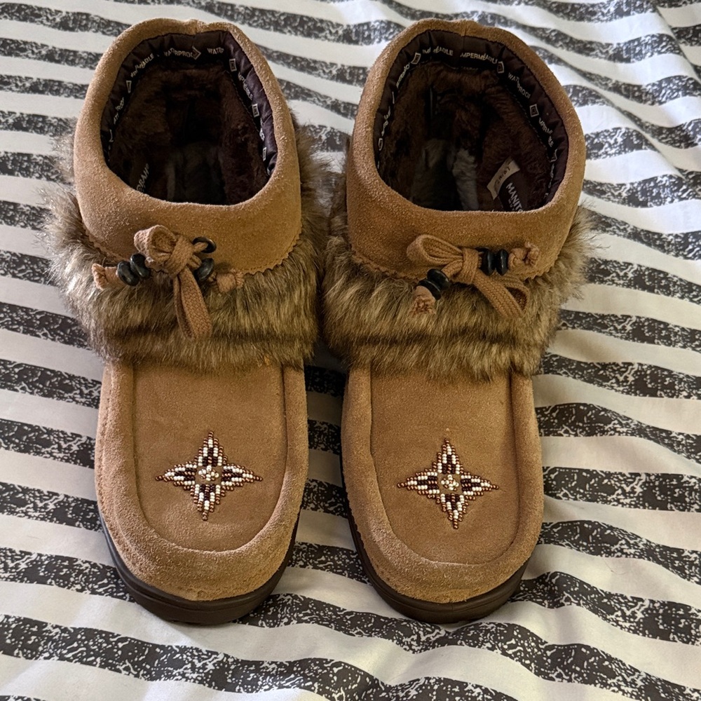Muk Luks Brown Fur Moccasins with Beaded Design